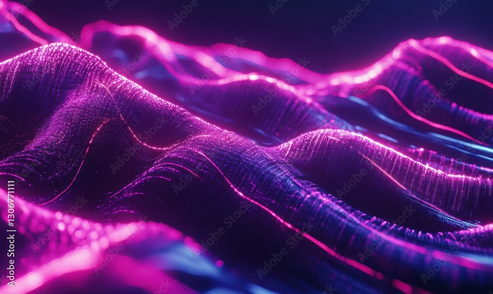 Wall mural macro shot of vibrant pink neon energy lines forming dynamic wave patterns on a sleek dark backgroun