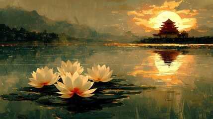 Delicate lotus flowers bloom on a serene lake at sunset, reflecting tranquil beauty and harmony in nature. Copy space, commercial use