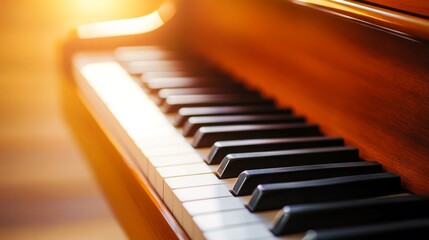 Close-up view of piano keys illuminated by warm sunlight, creating a serene atmosphere for music