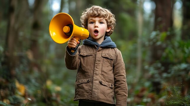 young boy using megaphone in green forest environment expressing voice and energy in outdoor adventure scene with natural surroundings