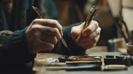 Fototapeta premium Artist hands holding brushes over paint