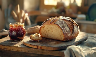 Rustic wooden surface with a loaf of freshly baked artisan bread and a jar of homemade jam, soft warm light emphasizing its golden textures and inviting appeal