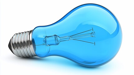 A vibrant blue light bulb resting on a white surface, showcasing its intricate filament design