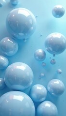 Shining silver bubbles suspended in a pale blue gel-like substance, abstract, translucent, spherical