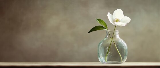 Elegant white flower in a glass vase on a wooden table against a soft blurred background creating a serene and minimalistic atmosphere