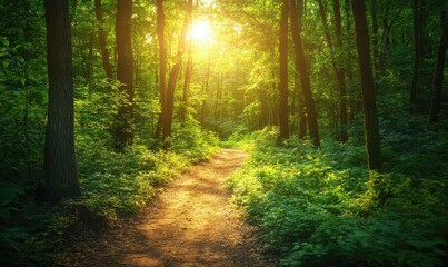 Fototapeta premium Scenic forest trail illuminated by early morning sunlight filtering through dense foliage, creating a serene atmosphere.
