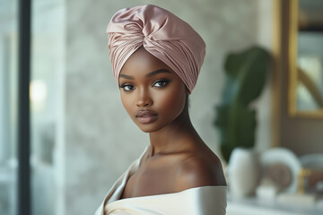 A beautiful Black woman wearing an elegant satin nightcap in a soft pink color