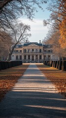 Naklejka premium Autumnal Path to Mansion in Park