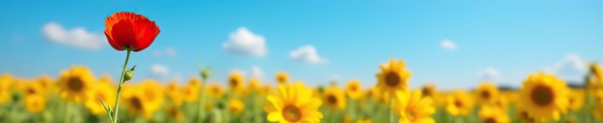 Obraz premium Single poppy flower in solitary bloom against a bright blue sky, sunflowers, isolated, flower field