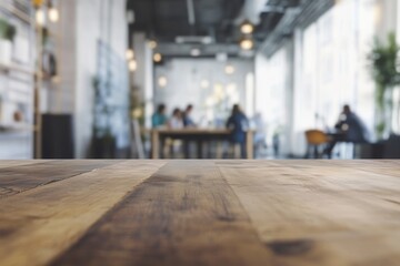 Fototapeta premium Wooden Table with Blurred Coworking Space Background for Product Display