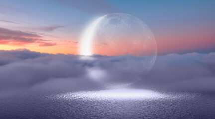 Abstract background of amazing crescent moon over the sea at sunset