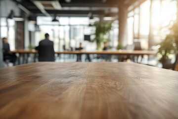 Fototapeta premium Wooden Table in Modern Office Space with Blurry Business Meeting Background