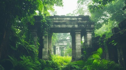 Abandoned stone palace wrapped in vines amidst lush tropical vegetation, natural lighting,