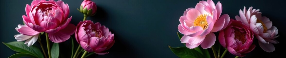 Fototapeta premium Large peony flowers in a loose bouquet on dark background with negative space, garden flowers, dark colored background, floral arrangement