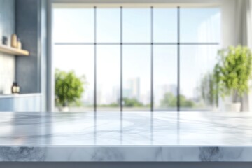 Marble Countertop in Modern Kitchen with City View and Indoor Plants