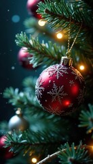 Sparkling snowflakes dance around the Christmas tree ball, holiday, shine, decorations