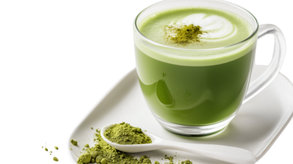 Artisan matcha latte in a glass cup, vibrant green color, white ceramic spoon with matcha powder beside, professional photography, white background