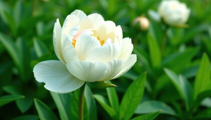 Fototapeta premium White peony flowers unfurl on a bed of emerald green, garden, elegant, verdant