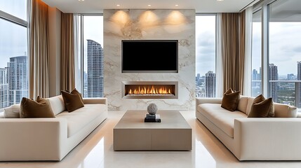 Stylish Apartment Living Room with Comfortable Sofa, T-Table, and Simple Daylight, Elegant Luxury Living Room with daylight from large windows