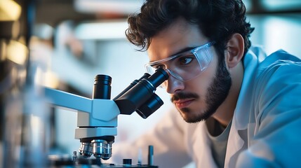 scientific researcher studying through microscope in sterile laboratory setup highlighting clinical testing innovation academic science and lab equipment