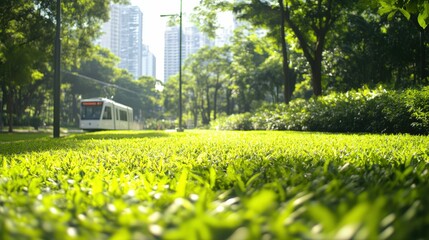 Obraz premium Scenic view of a city park with a tram passing through lush greenery, urban and eco-friendly design,