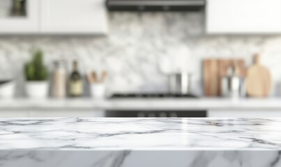 Marble Countertop in Modern Kitchen with Blurred Background Interior