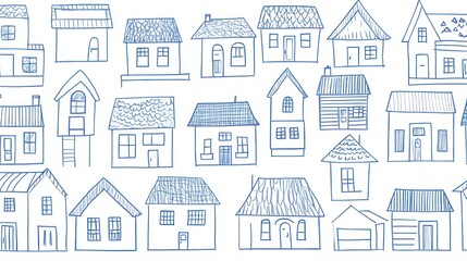 Fototapeta premium Collection of hand-drawn houses, various styles and sizes, blue ink sketch on white background.