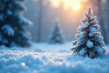 A frosty winter scene with a few snowflakes gently falling, stillness, peaceful ambiance,