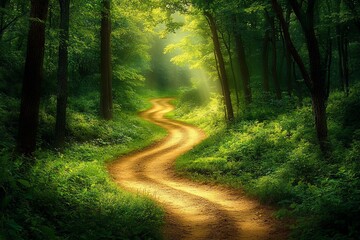 Obraz premium Winding Forest Path, Sunlight Dappled