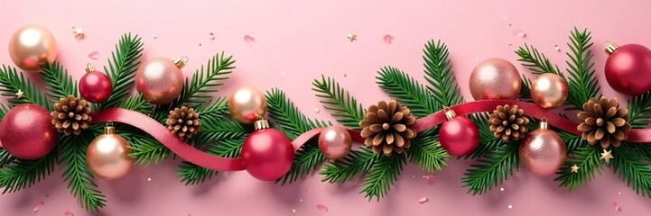 Gold and pink festive Christmas garland with pinecones, ribbons, and ornaments, evergreen, holiday, pink