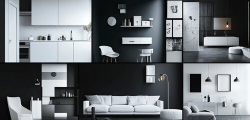 White photo collage of various modern small apartment rooms, including a kitchen, bathroom, and bedroom, with white furniture against a black background. High-resolution photography,