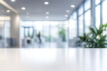 Blurred Interior View of Modern Office Lobby with Plants and Natural Light
