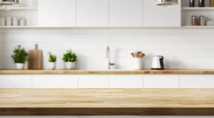 Wooden Kitchen Countertop with Blurred White Background Interior Space