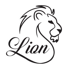 This design features a sleek, minimalist lion illustration integrated seamlessly with elegant cursive typography spelling "Lion." The lion's head is drawn with fine, flowing lines