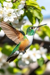 Fototapeta premium Hummingbird in Flight, Delicately Sipping Nectar from White Blossoms, Springtime Beauty