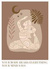 Vector illustration poster for International Yoga Day. Feminine figure in a flat style. Woman doing asana surrounded by organic shapes. Motivated quote