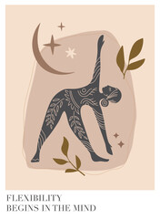 Vector illustration poster for International Yoga Day. Feminine figure in a flat style. Woman doing asana surrounded by organic shapes. Motivated quote
