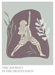 Vector illustration poster for International Yoga Day. Feminine figure in a flat style. Woman doing asana surrounded by organic shapes. Motivated quote