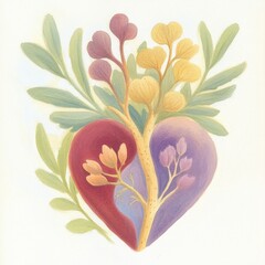 Botanical heart illustration floral leaves.