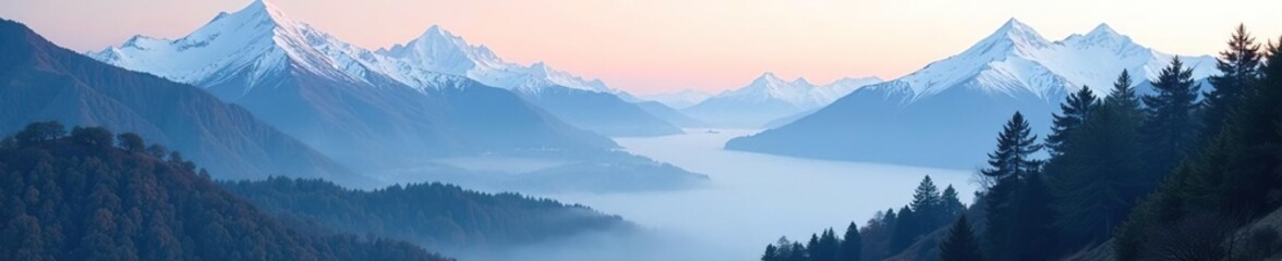 Misty morning amidst snow capped mountains and pine trees above Queenstown, mist, landscape