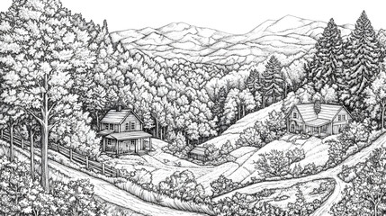 Obraz premium Adult coloring pages, illustrate the rolling hills and forests of West Virginia 