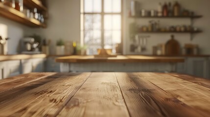 Fototapeta premium Rustic Kitchen Tabletop: Warm Wooden Surface with Blurred Background