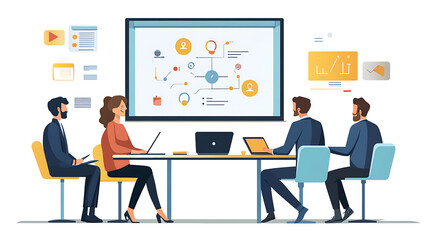 Strategic Visionaries: A dynamic team of professionals gathers around a table, collaborating intently, their focus centered on a complex, vibrant diagram.