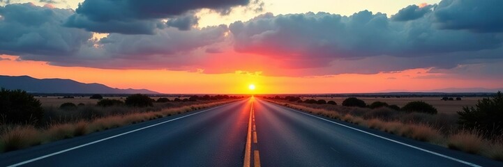 Fototapeta premium Gray asphalt road with scattered dark clouds at sunrise, lonely, asphalt, desolate