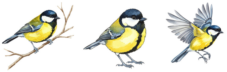 Great Tit Bird in Various Poses, watercolour style clipart collection isolated on a transparent background