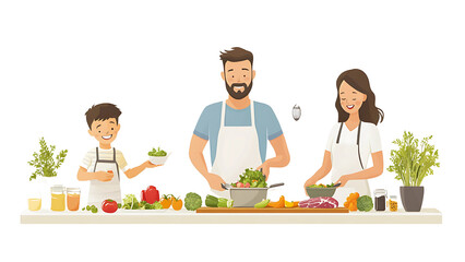 Culinary Family: A vibrant illustration capturing a family's joy and togetherness as they cook a delicious and healthy meal together in their home kitchen.