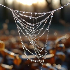 A spider web covered with dew drops, each drop reflects the surrounding landscape. Generated AI