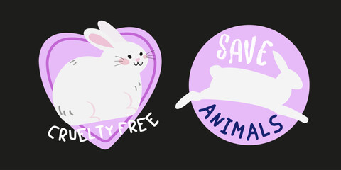 Cruelty free bright vector label with rabbit. Emblem for products that not tested on animals. Cosmetics packaging marking. Animals protection logo. Stop animal testing cartoon stickers