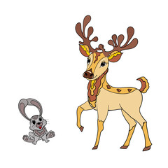Deer and rabbit, animals on a white background