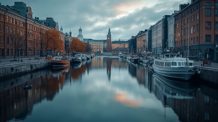 Calm canal in Stockholm, buildings reflected, autumnal hues
